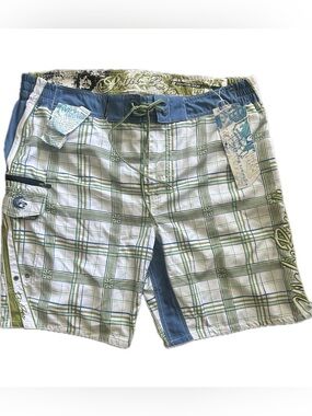 🆕 Point Zero XL Men’s "Signature Short" Green and Plaid Boardshorts Wakeboarding